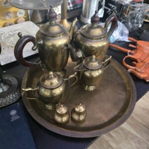 Vintage Solid Brass Coffee & Tea Service with Serving Tray | 7-Piece Mid-Century Set