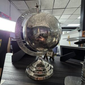 Decorative Silver Tone World Globe on Pedestal Desk Display Accent