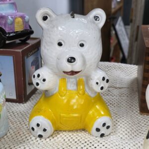 Vintage Ceramic Teddy Bear Coin Bank White Bear with Yellow Overalls