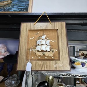 Vintage Nautical Clipper Ship Shadow Box Wall Art Shell & Burlap Sailboat Decor