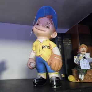 Vintage Ceramic Baseball Boy Bank "Smiley" PETS Figurine with Glove and Ball